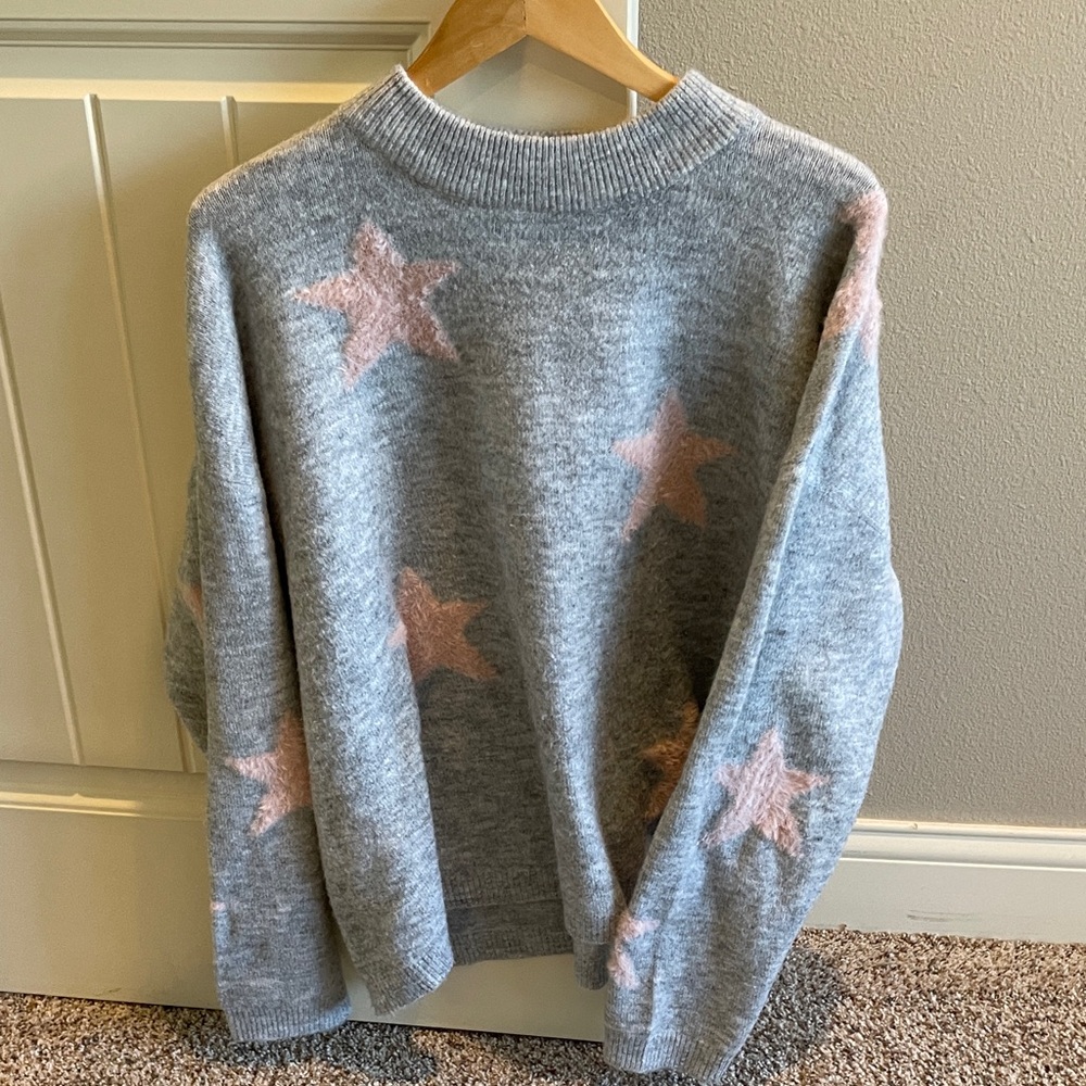 Cozy Gray & Pink Star Sweater